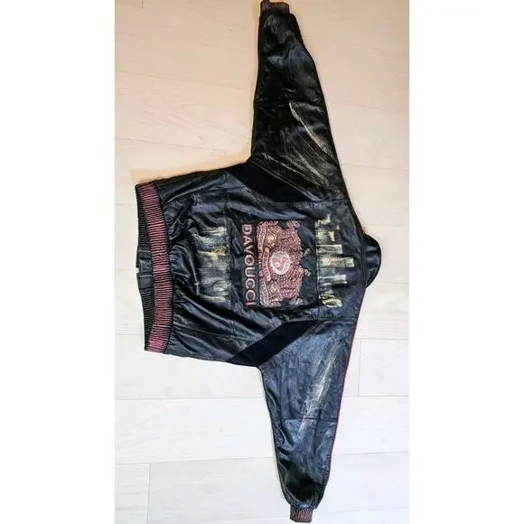 Rare Davoucci Leather Jacket Heavy Baggy Vintage Y2K Full Art Black Size XL